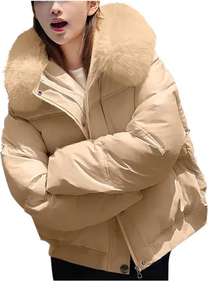 Womens Cropped Puffer Jacket Zip Up Down Jackets With Faux Fur Hood 2024 Winter Warm Coat Short Quilted Waterproof Coat