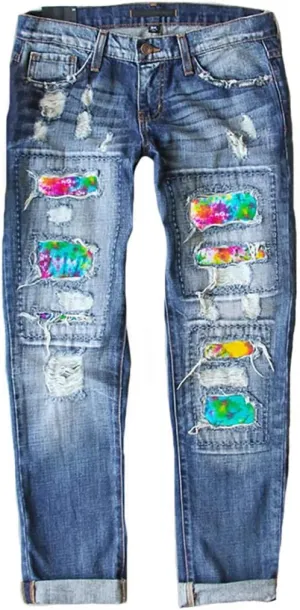Womens Floral Patch Ripped Boyfriend Distressed Stretch Skinny Denim Jeans with Hole