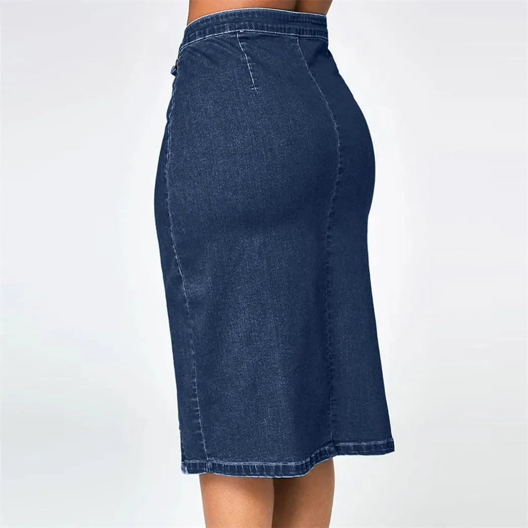 Women's High Waist Denim Pencil Skirt Knee Length Sparkly Blue Jeans Skirt with Buttons