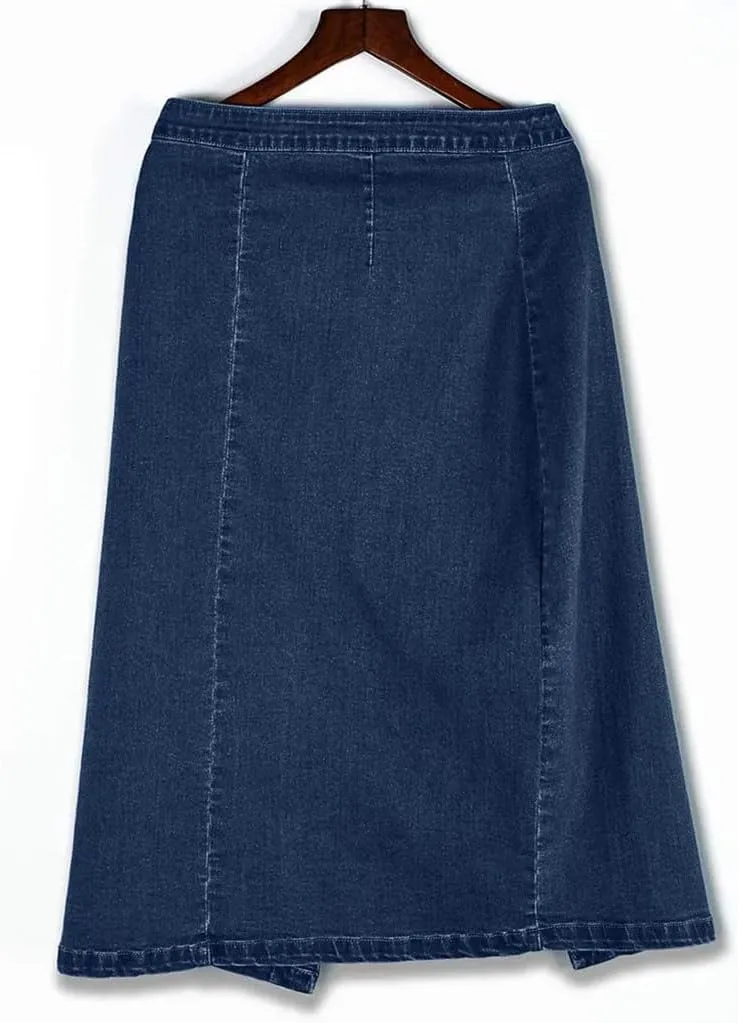 Women's High Waist Denim Pencil Skirt Knee Length Sparkly Blue Jeans Skirt with Buttons