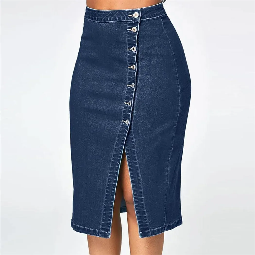 Women's High Waist Denim Pencil Skirt Knee Length Sparkly Blue Jeans Skirt with Buttons