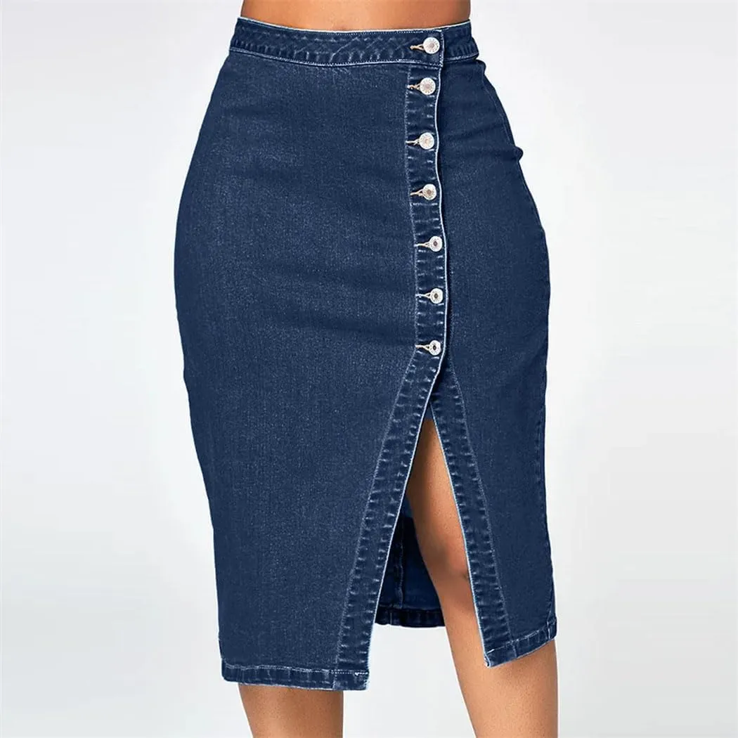 Women's High Waist Denim Pencil Skirt Knee Length Sparkly Blue Jeans Skirt with Buttons