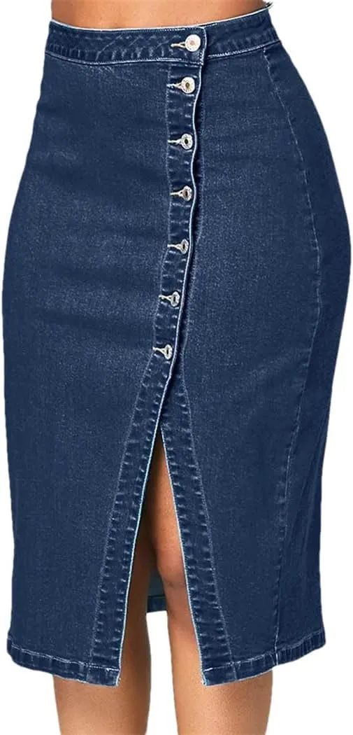 Women's High Waist Denim Pencil Skirt Knee Length Sparkly Blue Jeans Skirt with Buttons