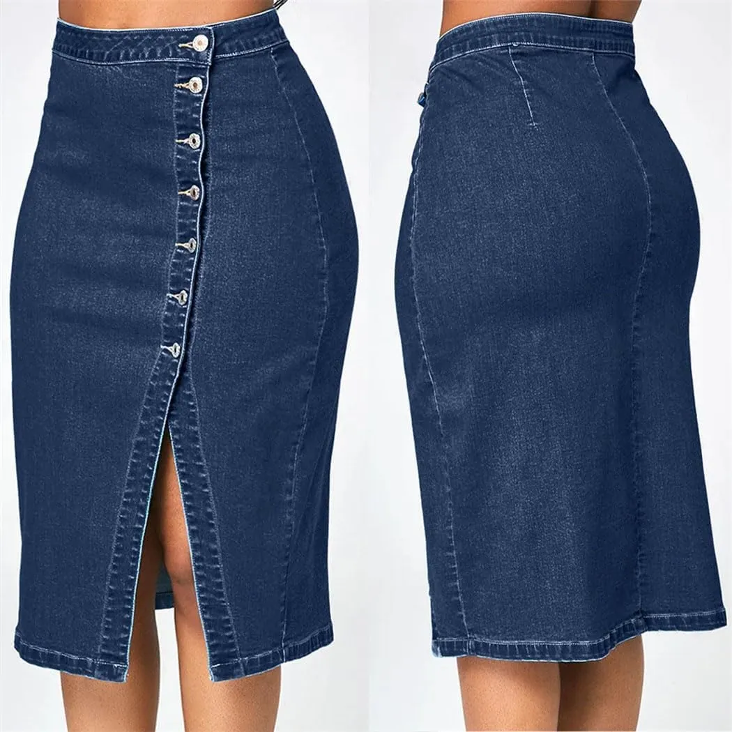 Women's High Waist Denim Pencil Skirt Knee Length Sparkly Blue Jeans Skirt with Buttons