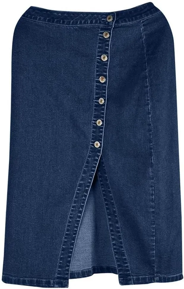 Women's High Waist Denim Pencil Skirt Knee Length Sparkly Blue Jeans Skirt with Buttons