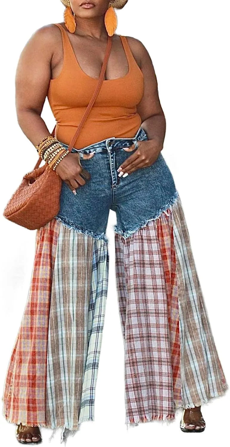 Womens High Waist Patchwork Striped Flare Jeans Casual Loose Plaid Straight Wide Leg Bell Bottom Denim Pants