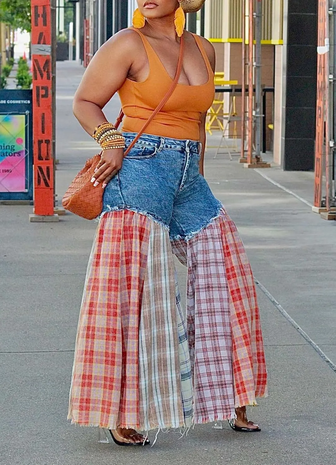Womens High Waist Patchwork Striped Flare Jeans Casual Loose Plaid Straight Wide Leg Bell Bottom Denim Pants