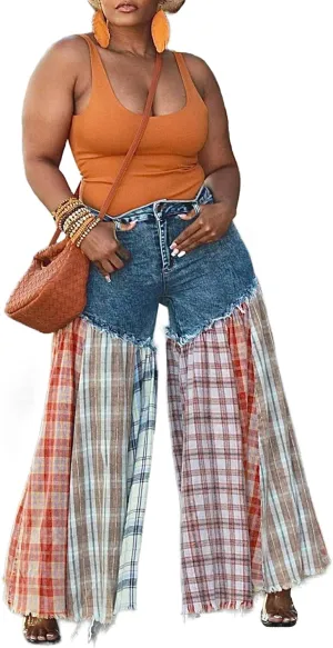 Womens High Waist Patchwork Striped Flare Jeans Casual Loose Plaid Straight Wide Leg Bell Bottom Denim Pants