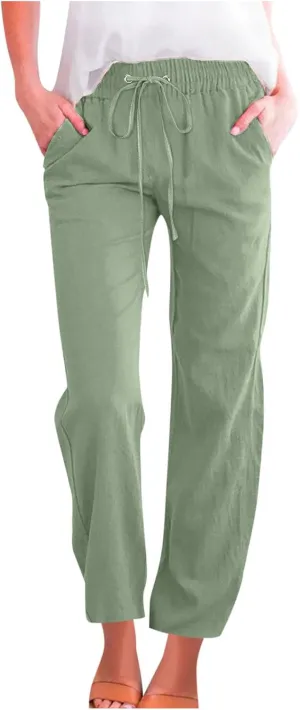 Women's High Waisted Casual Pants Loose Drawstring Straight Leg Trousers with Pockets Summer Comfy Lounge Outfits