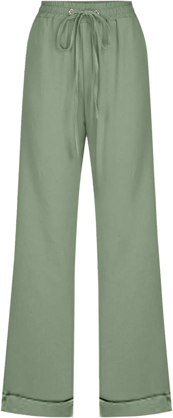 Women's High Waisted Casual Pants Loose Drawstring Straight Leg Trousers with Pockets Summer Comfy Lounge Outfits