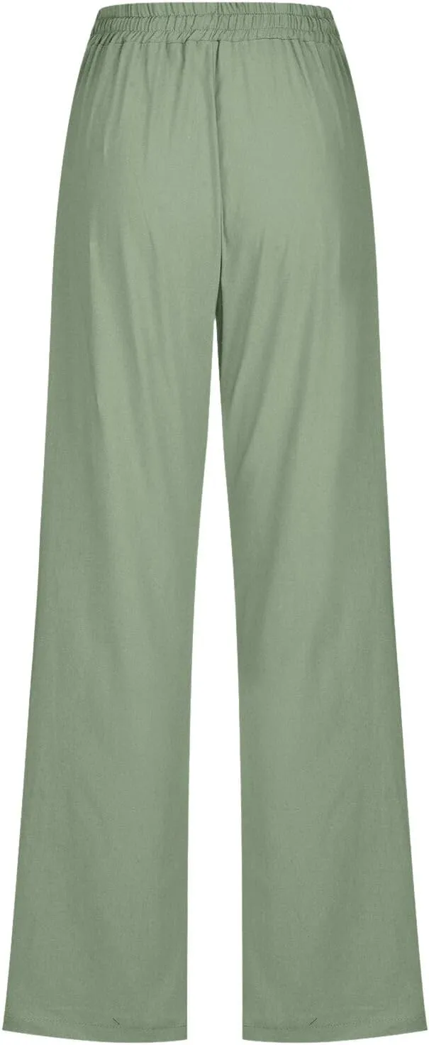 Women's High Waisted Casual Pants Loose Drawstring Straight Leg Trousers with Pockets Summer Comfy Lounge Outfits