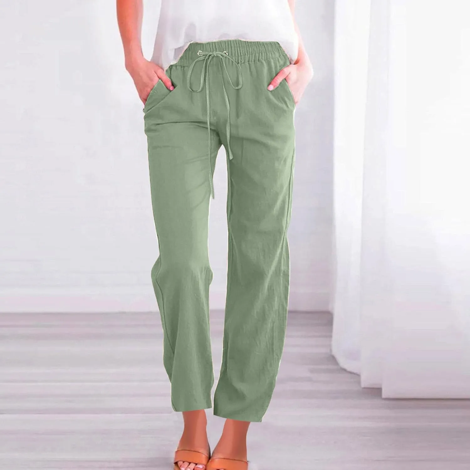 Women's High Waisted Casual Pants Loose Drawstring Straight Leg Trousers with Pockets Summer Comfy Lounge Outfits