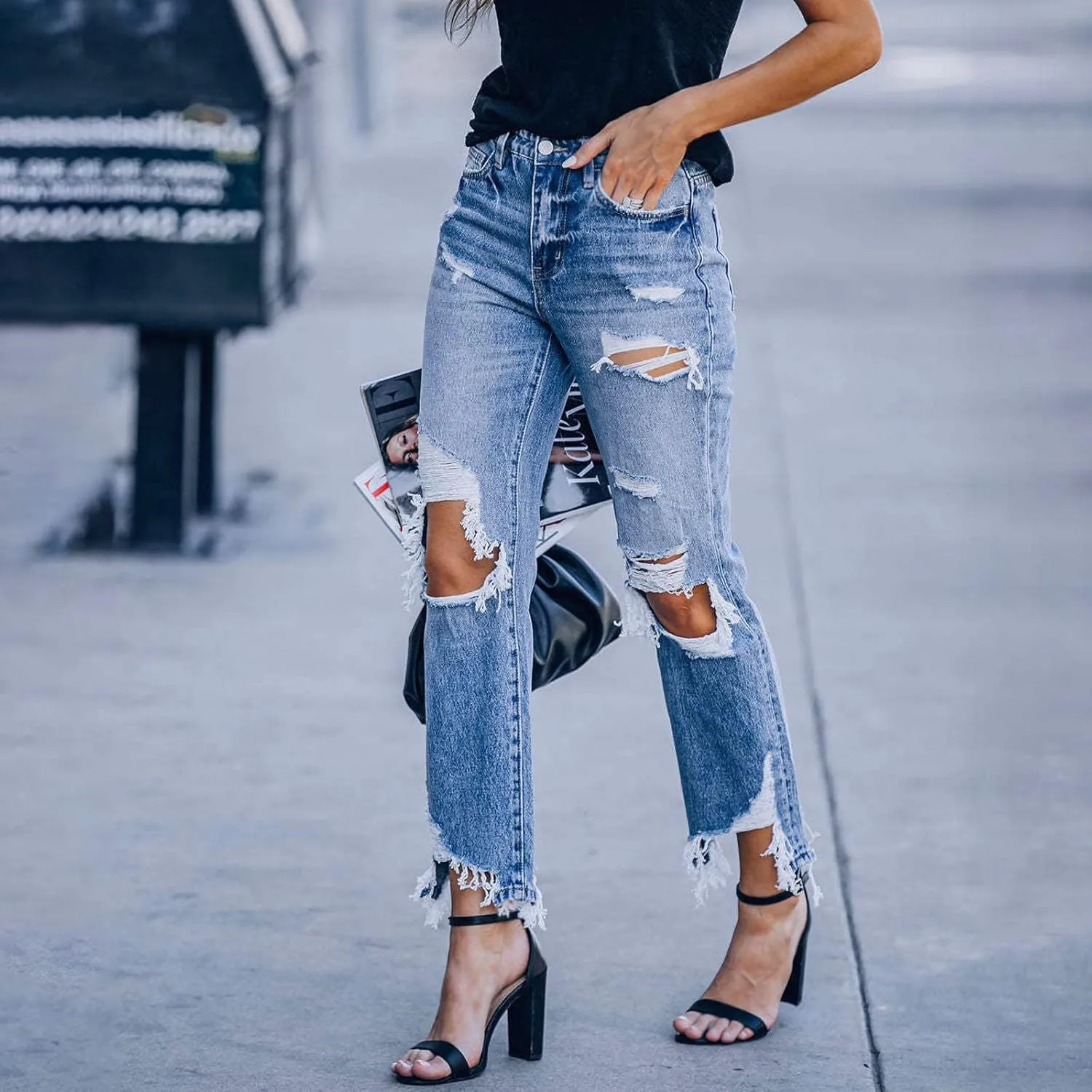 Women's High Waisted Jeans Distressed Ripped Stretch Straight Leg Denim Pants Vintage Casual Slim Fit Skinny Jeans Trousers