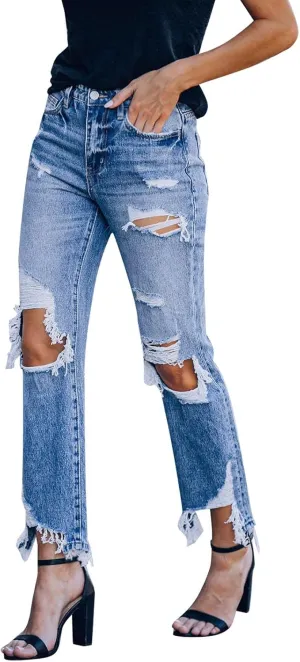 Women's High Waisted Jeans Distressed Ripped Stretch Straight Leg Denim Pants Vintage Casual Slim Fit Skinny Jeans Trousers
