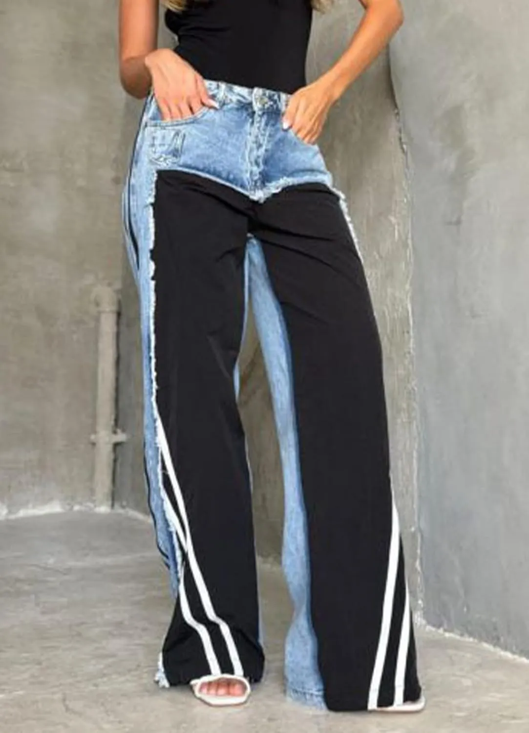 Womens High Waisted Straight Wide Leg Jeans Stretch Casual Patchwork Baggy Y2k Streetwear Pockets Denim Pants