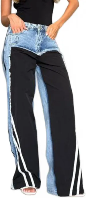Womens High Waisted Straight Wide Leg Jeans Stretch Casual Patchwork Baggy Y2k Streetwear Pockets Denim Pants