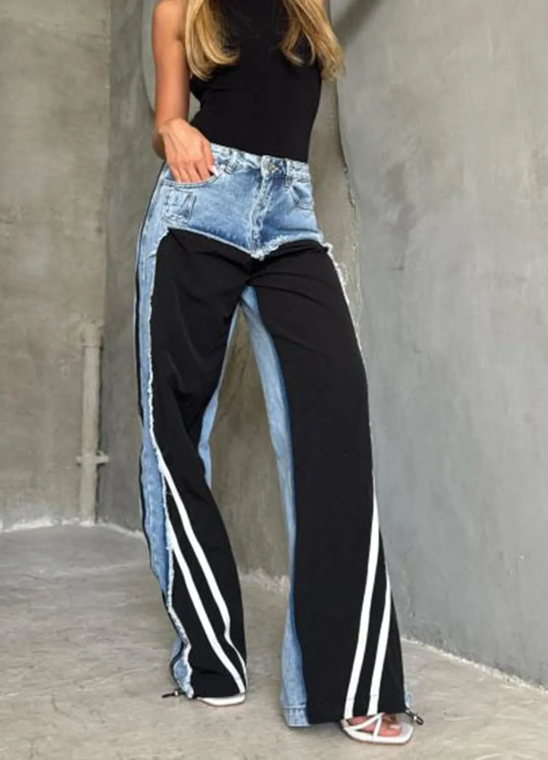Womens High Waisted Straight Wide Leg Jeans Stretch Casual Patchwork Baggy Y2k Streetwear Pockets Denim Pants