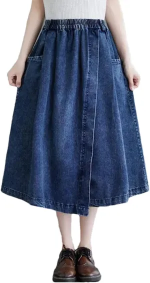 Women's Irregular Spliced Split Denim Skirt High Waist Slim Solid A-Line Midi Jeans Skirts