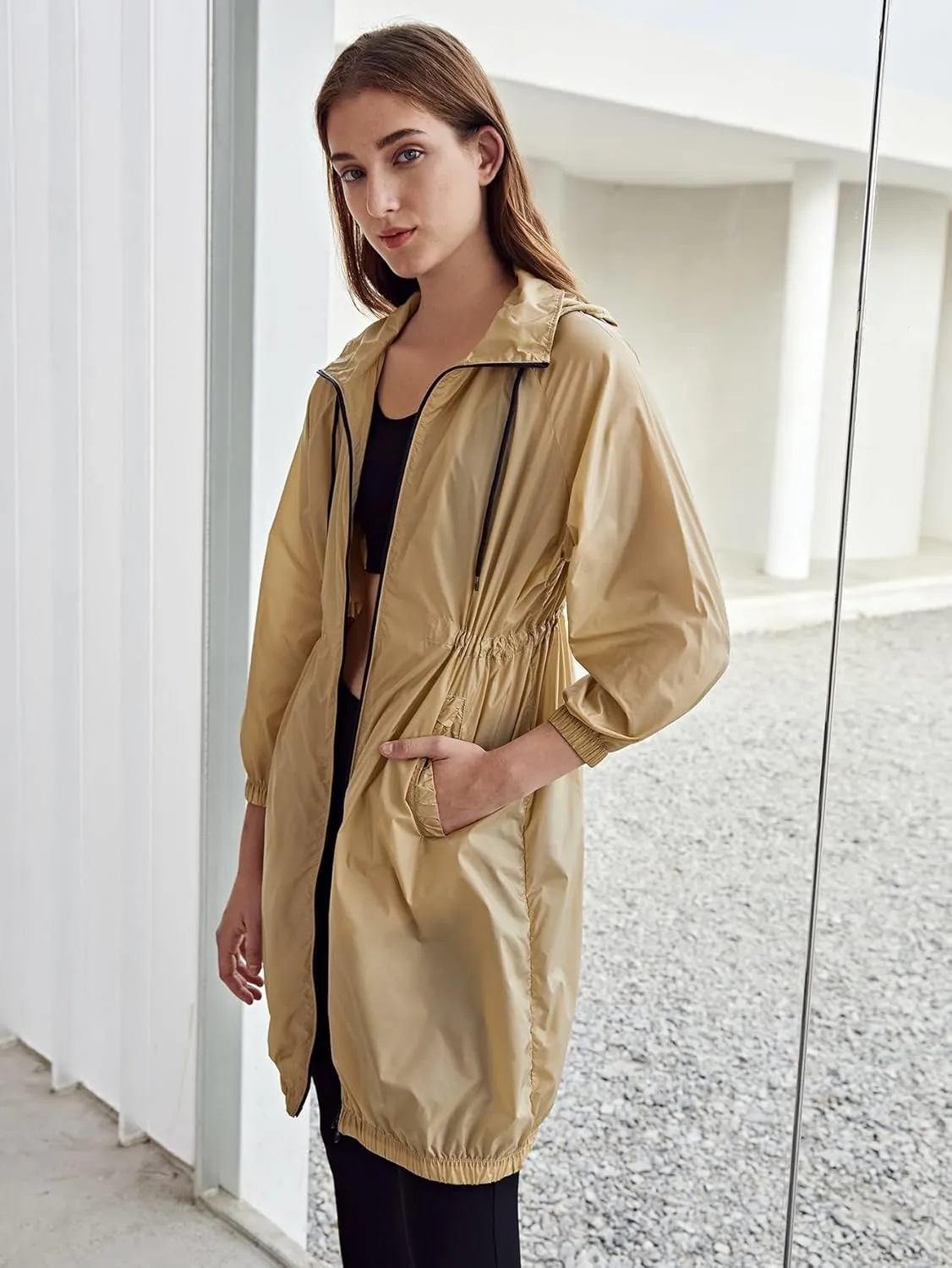 Women's Jackets Jackets for Women Lightweight Drawstring Waist Trench Coat Lightweight Fashion (Color : Khaki, Size : X-Small)