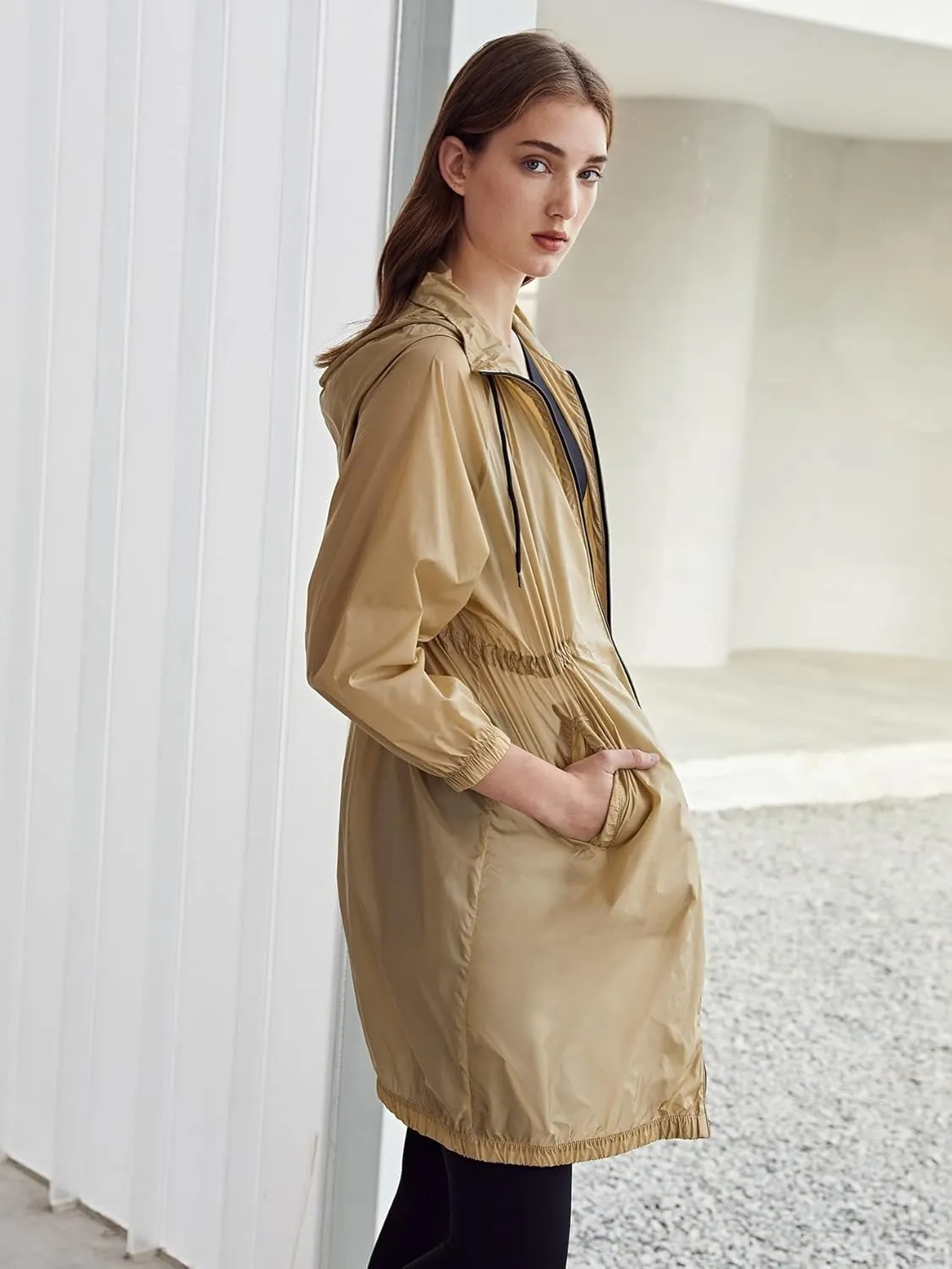 Women's Jackets Jackets for Women Lightweight Drawstring Waist Trench Coat Lightweight Fashion (Color : Khaki, Size : X-Small)