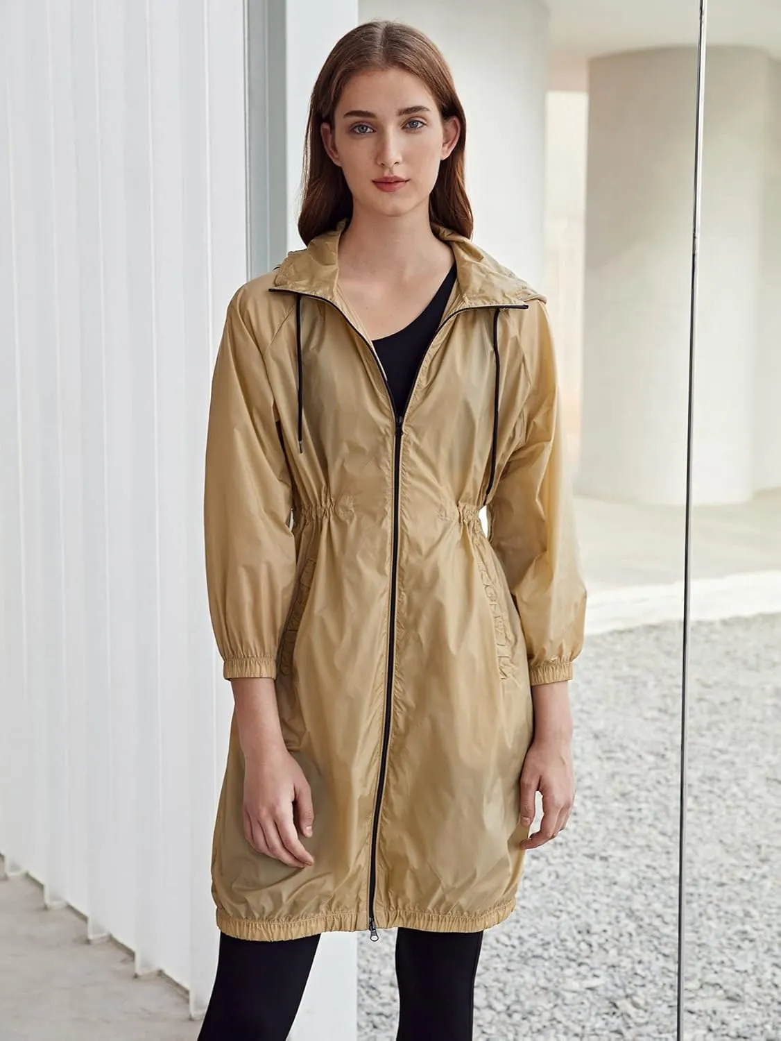 Women's Jackets Jackets for Women Lightweight Drawstring Waist Trench Coat Lightweight Fashion (Color : Khaki, Size : X-Small)