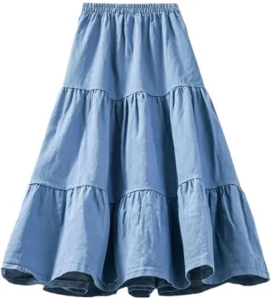 Women's Jeans Skirt Midi High Waist Vintage A Line Patchwork Layered Denim Skirts