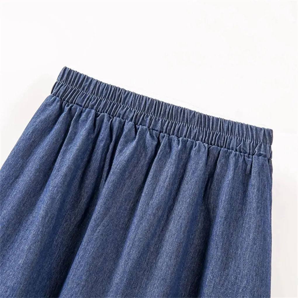 Women's Jeans Skirt Midi High Waist Vintage A Line Patchwork Layered Denim Skirts