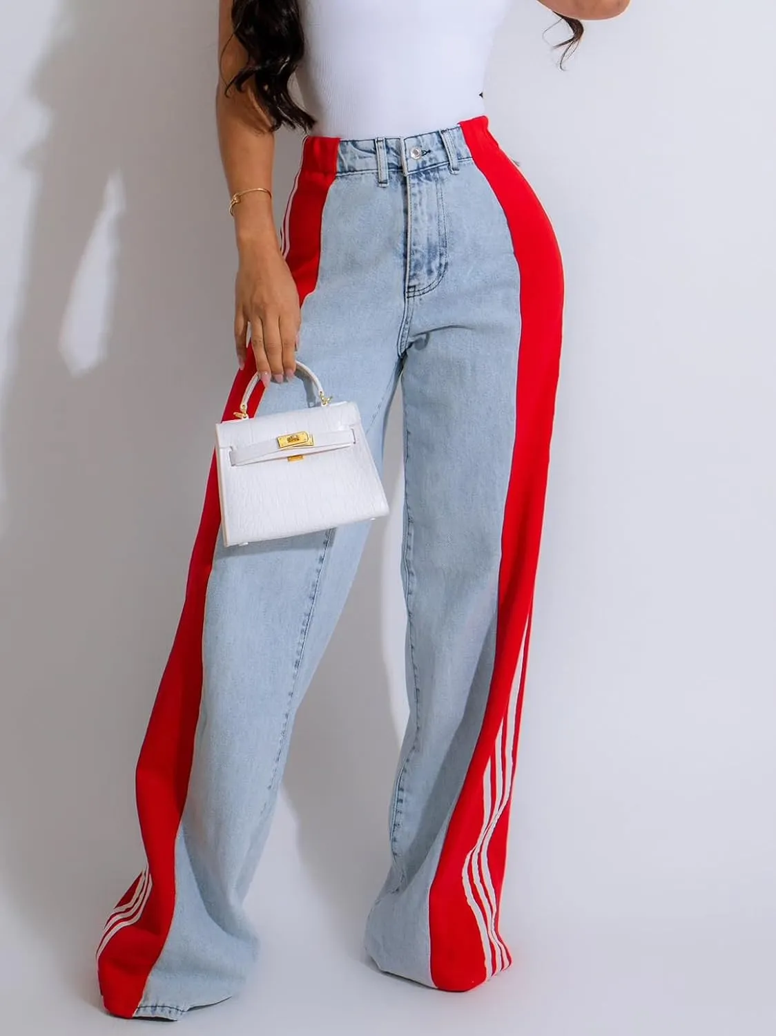 Women’s Jeans with Patchwork Stripes,High Waisted Straight Stretchy Loose Color Block Wide Leg Denim Pants (Black Green,X-Large)