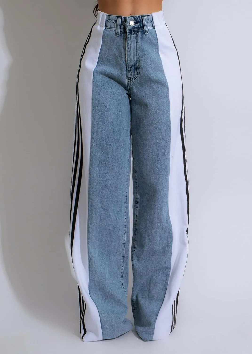 Women’s Jeans with Patchwork Stripes,High Waisted Straight Stretchy Loose Color Block Wide Leg Denim Pants (Black Green,X-Large)