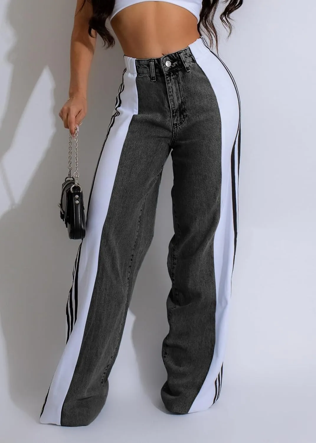 Women’s Jeans with Patchwork Stripes,High Waisted Straight Stretchy Loose Color Block Wide Leg Denim Pants (Black Green,X-Large)