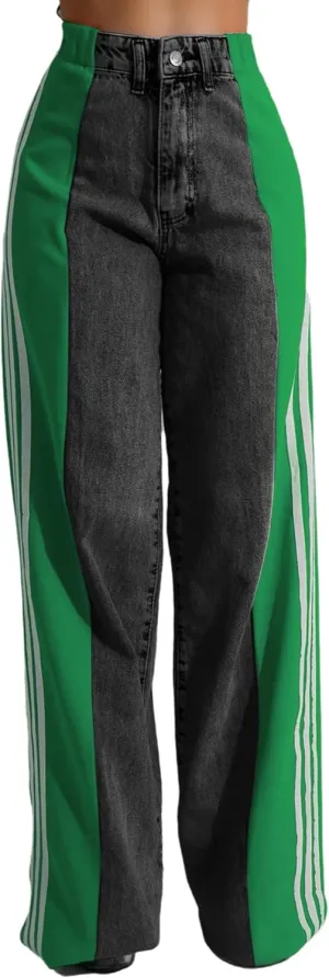 Women’s Jeans with Patchwork Stripes,High Waisted Straight Stretchy Loose Color Block Wide Leg Denim Pants (Black Green,X-Large)