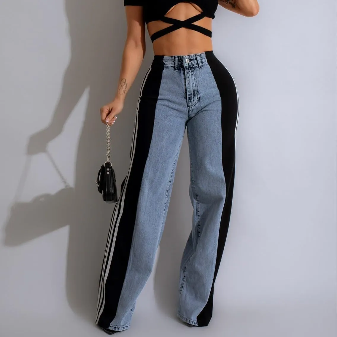 Women’s Jeans with Patchwork Stripes,High Waisted Straight Stretchy Loose Color Block Wide Leg Denim Pants (Black Green,X-Large)