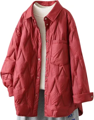 Womens Lapel Collar Quilted Puffer Jacket Warm Winter Lightweight Padded Down Coat Casual Button Front Pocket Outerwear
