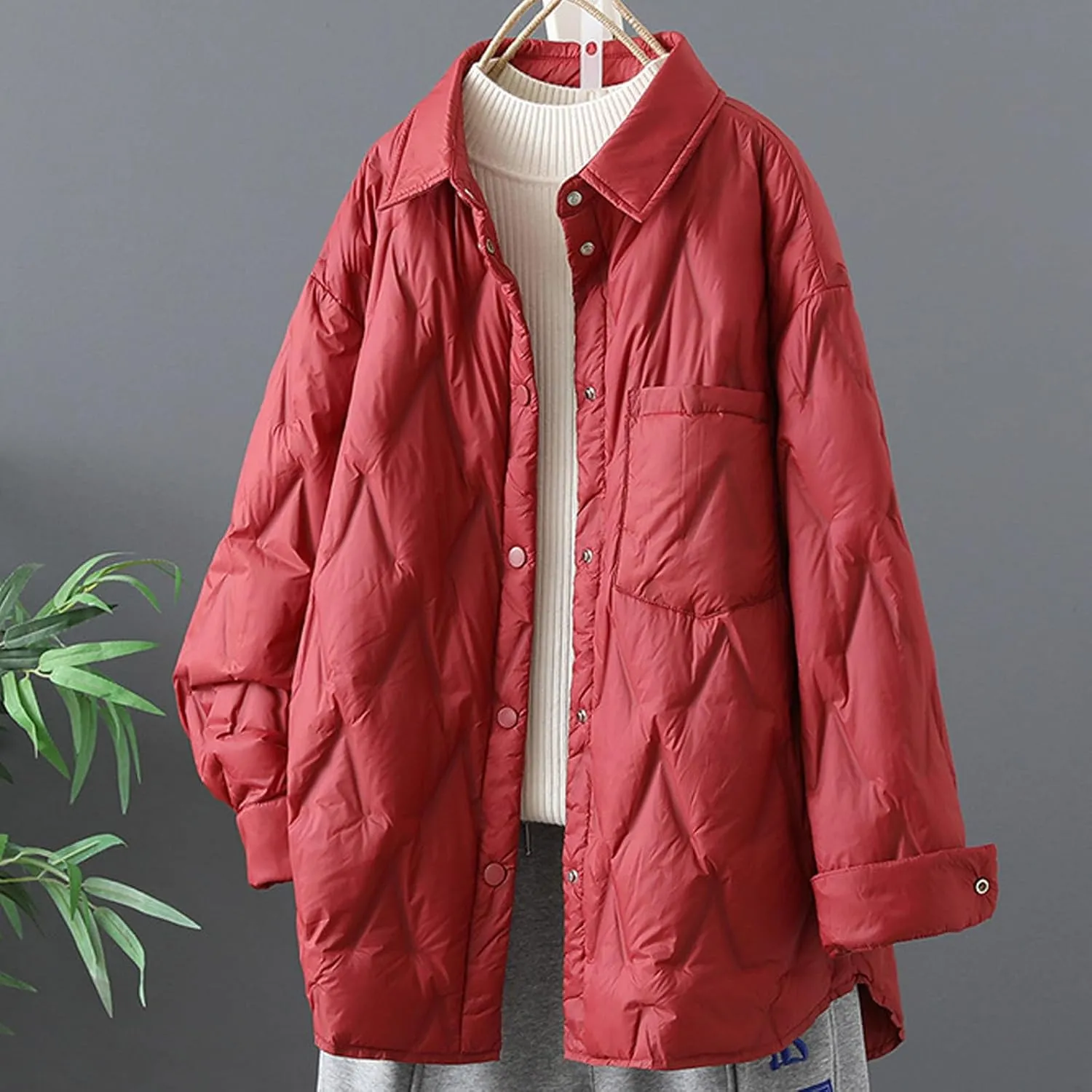 Womens Lapel Collar Quilted Puffer Jacket Warm Winter Lightweight Padded Down Coat Casual Button Front Pocket Outerwear