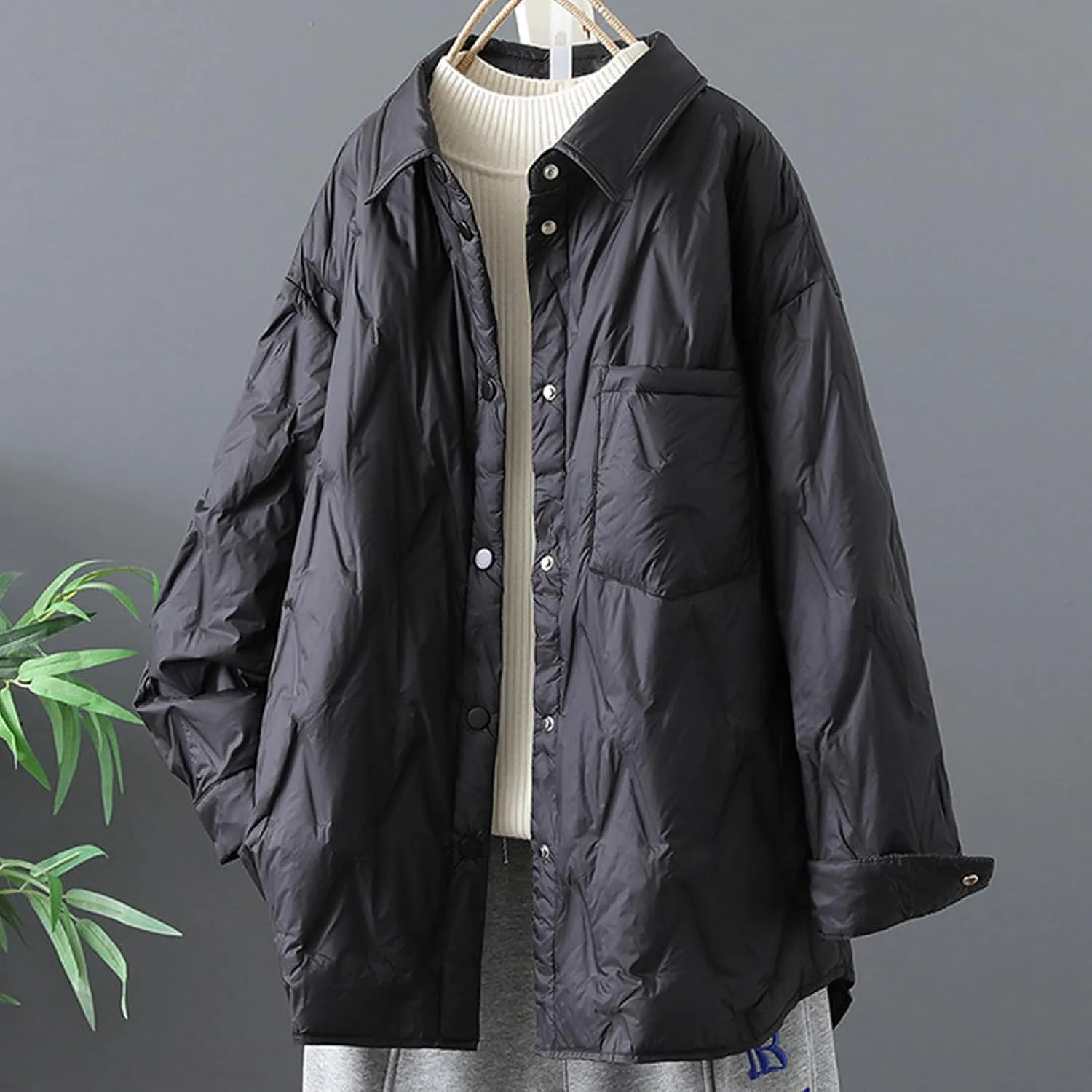 Womens Lapel Collar Quilted Puffer Jacket Warm Winter Lightweight Padded Down Coat Casual Button Front Pocket Outerwear
