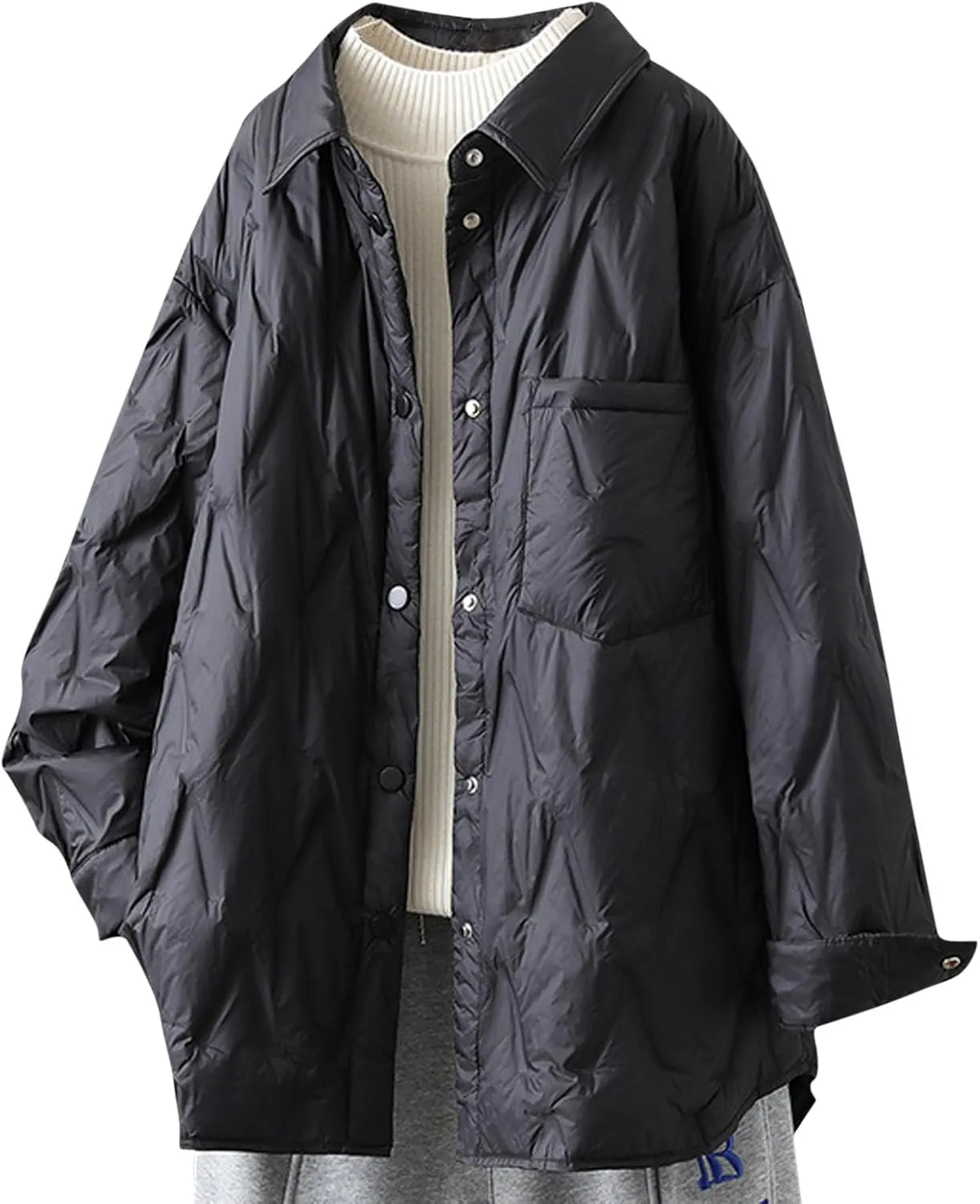Womens Lapel Collar Quilted Puffer Jacket Warm Winter Lightweight Padded Down Coat Casual Button Front Pocket Outerwear