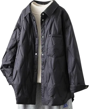 Womens Lapel Collar Quilted Puffer Jacket Warm Winter Lightweight Padded Down Coat Casual Button Front Pocket Outerwear