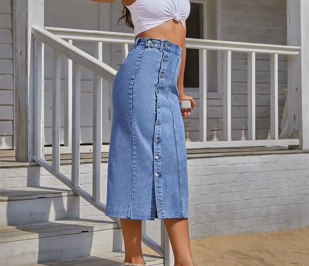 Women's Long Denim Maxi Skirt Casual Y2K Style High Waist Flowy Jeans Skirt for Summer