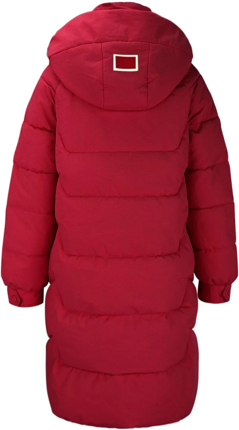 Womens Long Down Coat Winter Warm Hooded Loose Fit Puffer Coats with Pockets Solid Color Fluffy Padded Quilted Jacket