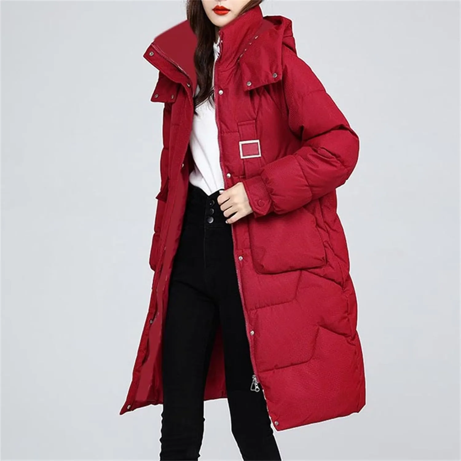 Womens Long Down Coat Winter Warm Hooded Loose Fit Puffer Coats with Pockets Solid Color Fluffy Padded Quilted Jacket