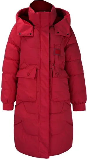 Womens Long Down Coat Winter Warm Hooded Loose Fit Puffer Coats with Pockets Solid Color Fluffy Padded Quilted Jacket