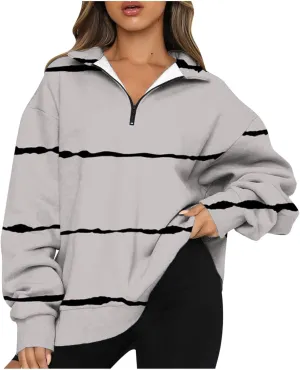 Womens Long Sleeve Oversized Fleece Sweatshirts Striped Pullover Tops 1/4 Zipper Casual Trendy Fall Clothes