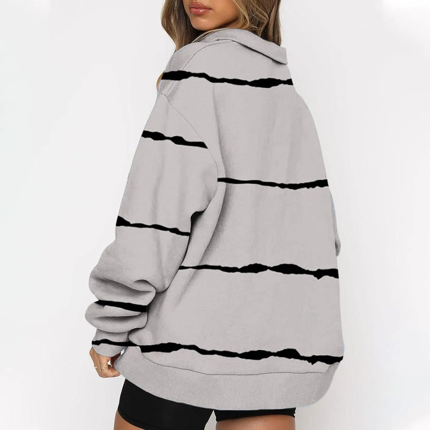 Womens Long Sleeve Oversized Fleece Sweatshirts Striped Pullover Tops 1/4 Zipper Casual Trendy Fall Clothes