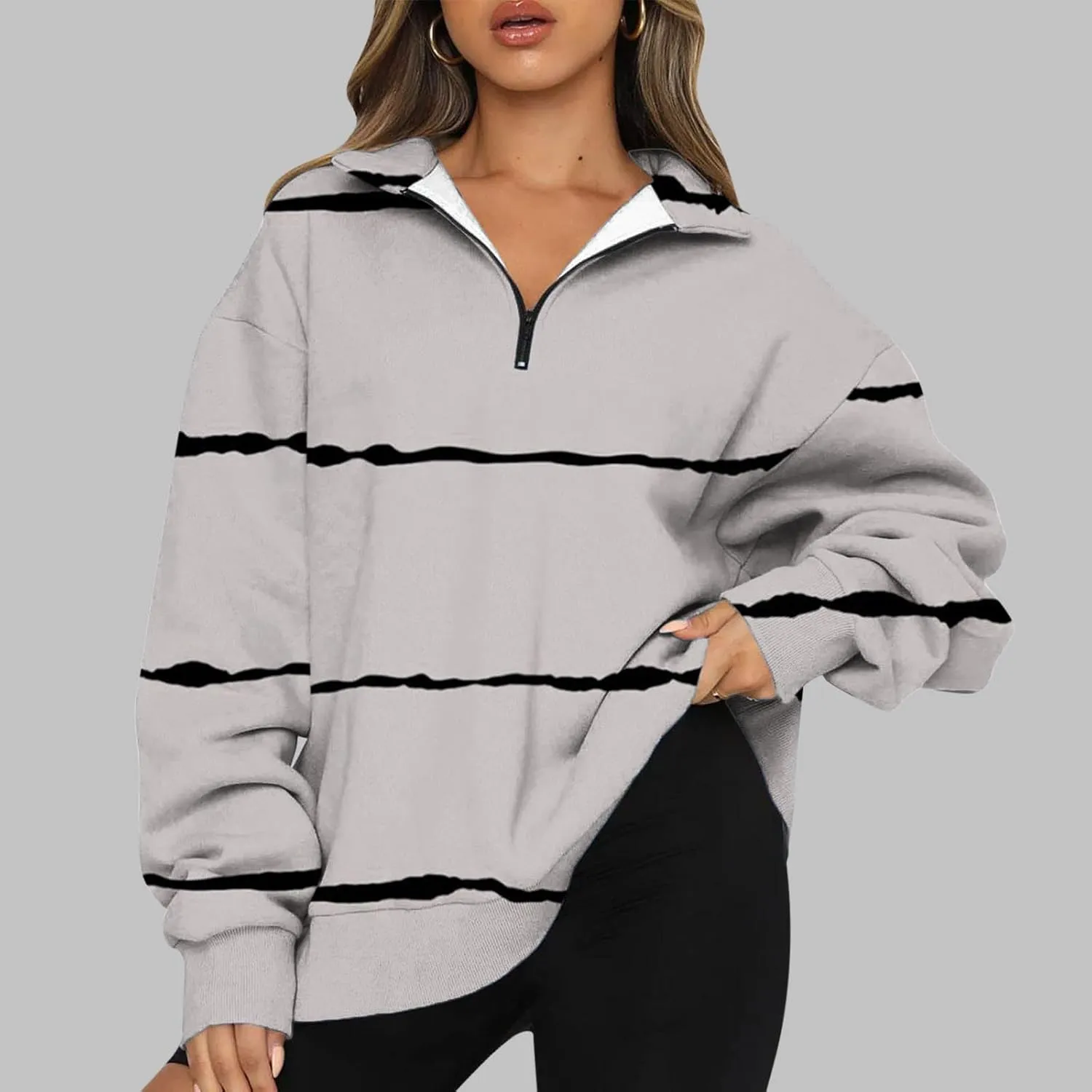 Womens Long Sleeve Oversized Fleece Sweatshirts Striped Pullover Tops 1/4 Zipper Casual Trendy Fall Clothes