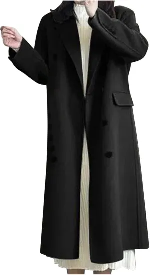 Womens Long Winter Jackets Casual Single Breasted Wool Blend Trench Coats Warm Business Overcoat Notch Lapel Pea Coat