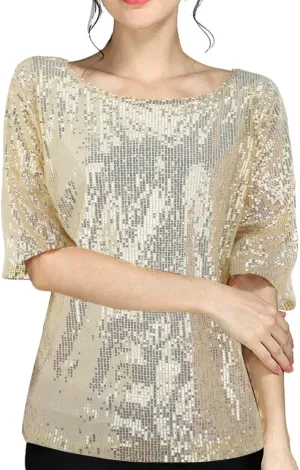 Women's Loose Sequin V Neck Short Sleeve Shirts Glitter Sequins Loose Blouse Tops Basic Basics Long Sleeve Shirt Women