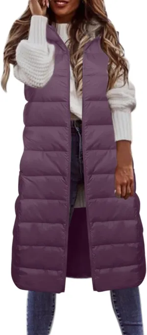 Womens Maxi Long Quilted Puffer Coats Vests with Hood Zipper Down Jacket Plus Size Slim Sleeveless Winter Padded Coat