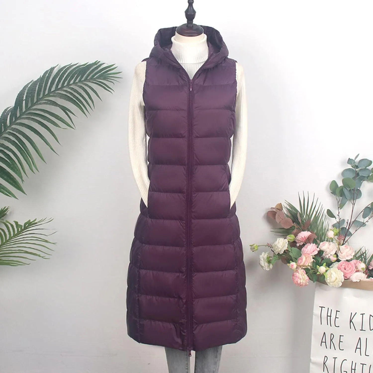 Womens Maxi Long Quilted Puffer Coats Vests with Hood Zipper Down Jacket Plus Size Slim Sleeveless Winter Padded Coat