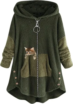 Women's Oversized Zip Up Sherpa Hoodie Fuzzy Fleece Jacket Cat Kitty Print Lightweight Faux Shearling A Line Teddy Coat