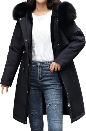 Women's Padded Jacket, Ladies Fur Hooded Thickened Down Long Parka Winter Outwear Warm Puffer Coat